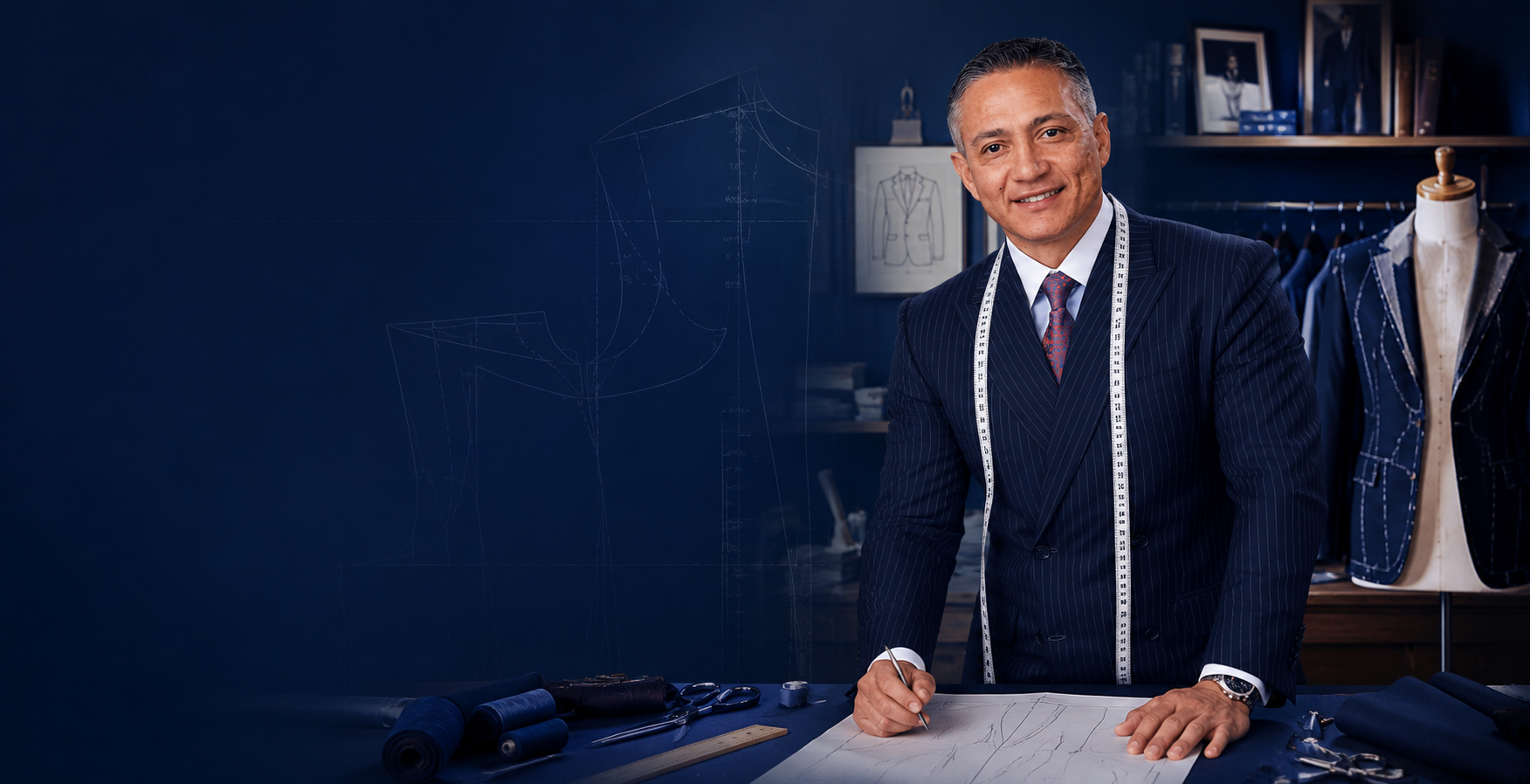 Dney Santos na mesa de corte do ateliê, com moldes, tesouras e tecidos de alfaiataria